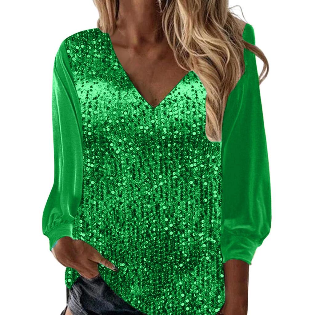 Top con paillettes da donna, scollo a V, bluse luccicanti con glitter, ampie, a maniche lunghe, per le feste serali, lucide, eleganti