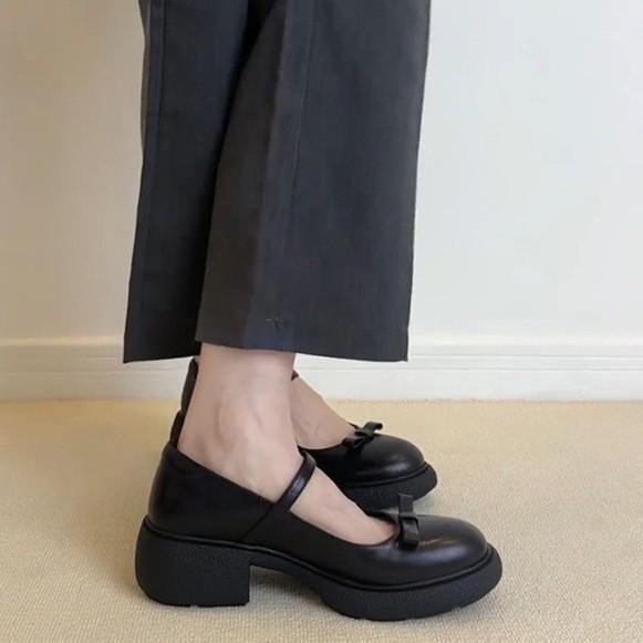 Sheepskin~ Retro Leather Bow Thick-soled Black Mary Jane Single Shoes Women's Word with Commuting Light Mouth Small Leather Shoes