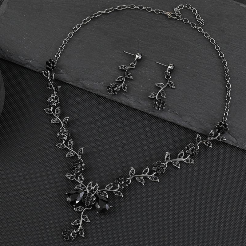 GemChic Women's New Exquisite Alloy Branch Flower Crystal Rhinestone Drops Collarbone Necklace Earrings Two Piece Set Birthday Christmas Jewelry Gift