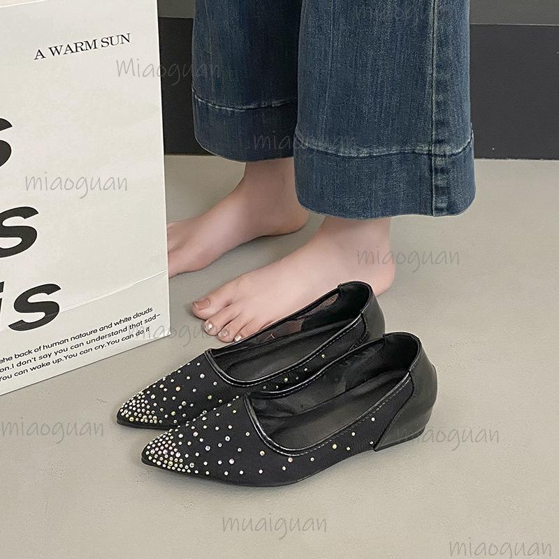 Fashion French Low Heel Pumps For Women Slip On Pointed Toe Wedge Sandals Breathable Mesh Crystal Soft Sole Shoes Comfortable Loafers