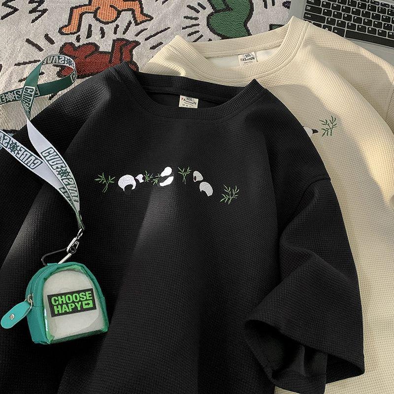 Men's Summer Panda Print Waffle Texture Loose Short-Sleeve T-Shirt