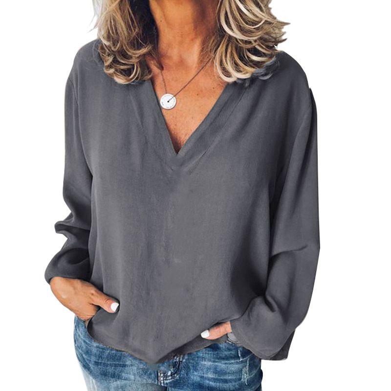 

Summer New Arrival Plus Size Women s Clothing Fashion Style Loose Slim Looking Solid Color Long-Sleeved Top Street All-Match Casual V-neck T-shirt Grey 5XL