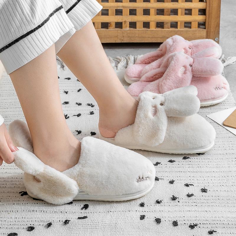 Women's Winter 2026 Cotton Plush Rabbit Fur Slippers - Indoor Home Style