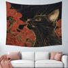 2D Mystische Schwarze Katze Wandteppich, Japanische Ästhetik Rote Wolken Wandkunst für Zuhause