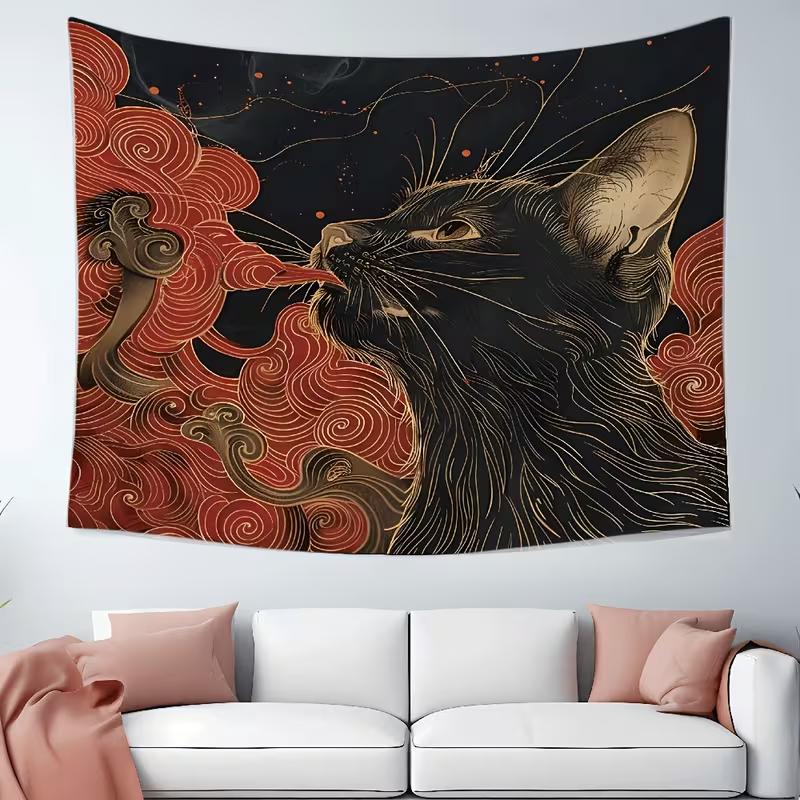 2D Mystische Schwarze Katze Wandteppich, Japanische Ästhetik Rote Wolken Wandkunst für Zuhause