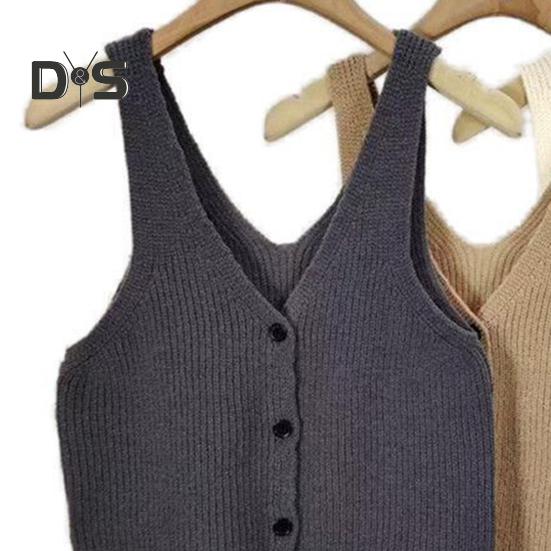 Women Sling Vest Slim Fit V-Neck Sleeveless Top with Striped Pattern Single Breasted Knitted Sweater Daily Wear