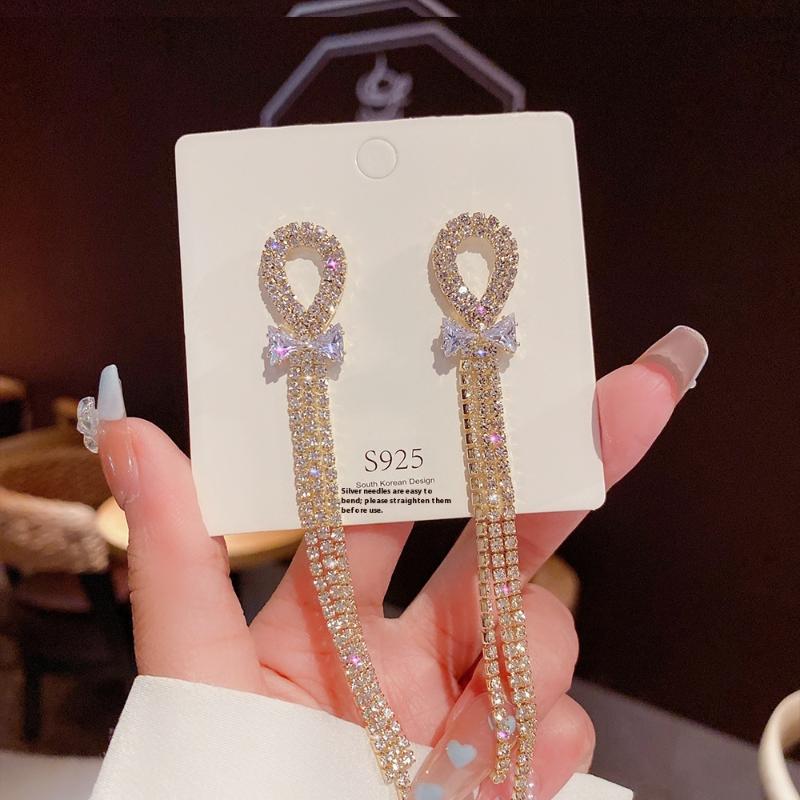 1 Pair Dangle Earrings Bowknot Shape Shining Rhinestones Lady Earrings Heart Imitation Pearls Tassel Jewelry Accessory