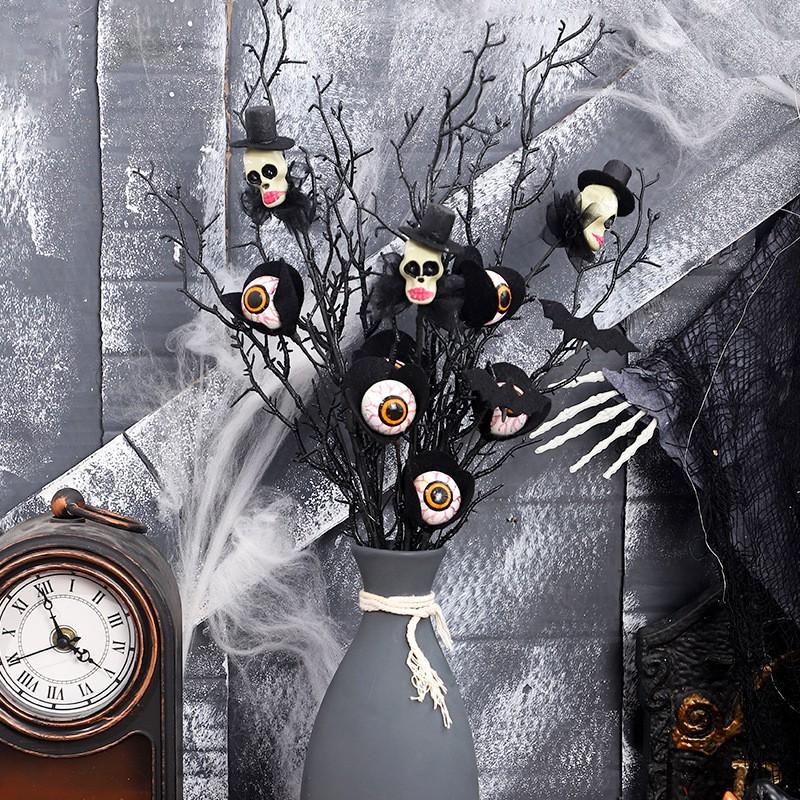 Halloween Decorations Set - Plastic Eyeball Skull Maple Leaf Rose Stem Bouquet Accessories Home Party Table Centerpiece