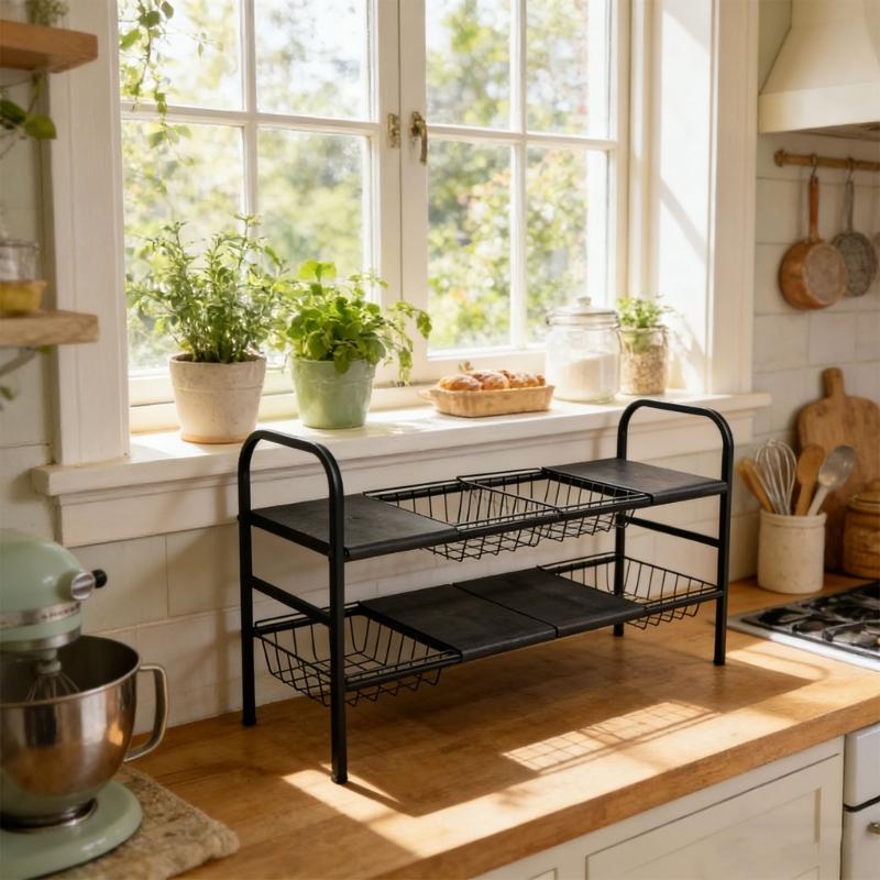 Extendable Two Layer Kitchen Storage Unit With 4 Shelves 4 Baskets Made From Durable Carbon Steel