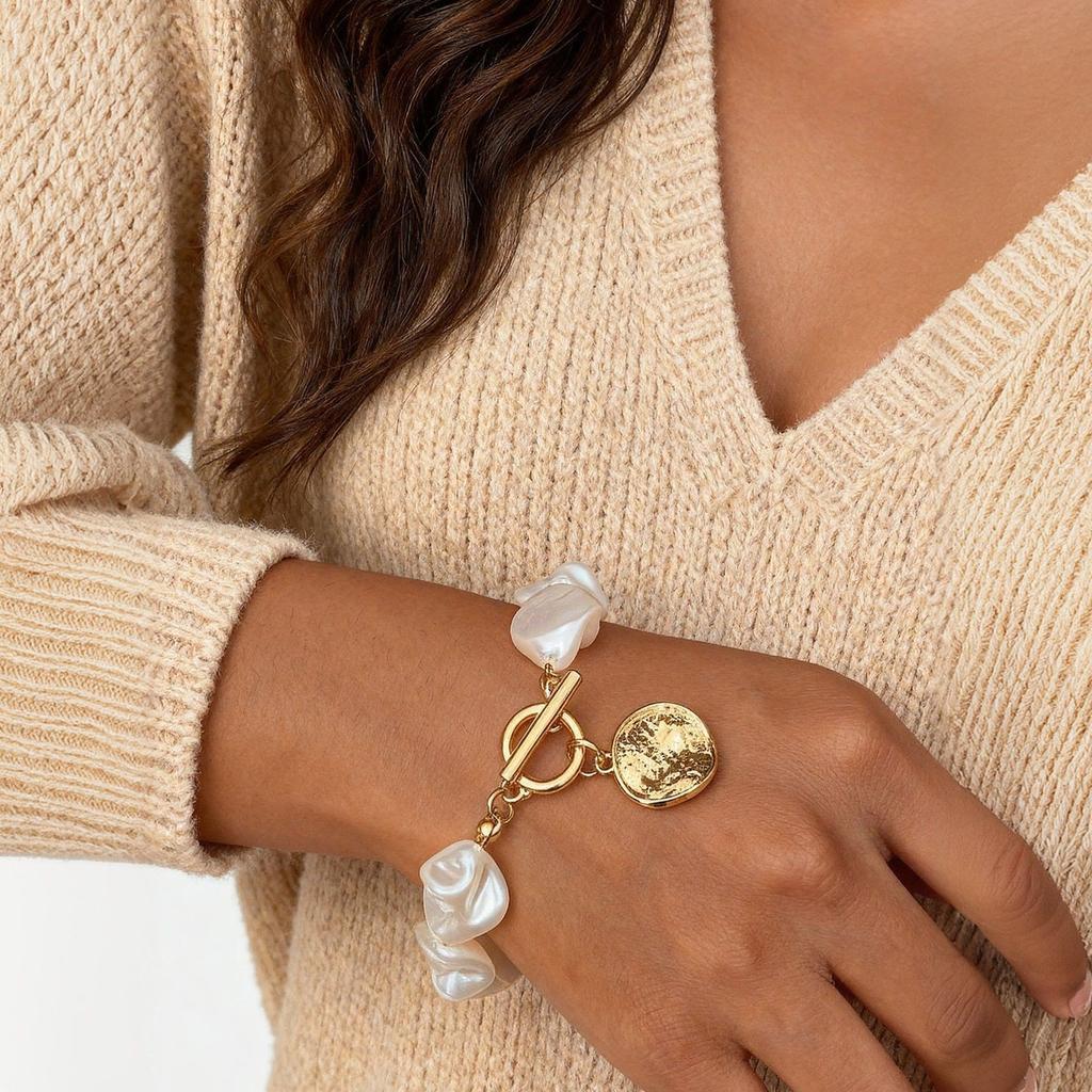 Hot-selling stacked bracelet light luxury hip-hop style imitation pearl snake bone chain alloy OT buckle bracelet five-piece set