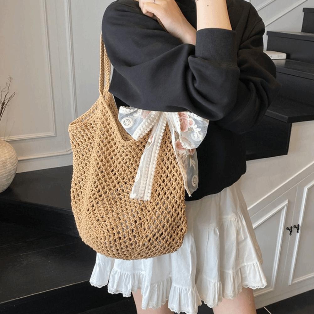 Solid Color Women Knitting Shoulder Bag Hollow Large Capacity Crochet Tote Bag Sundries Storage Bag Shopping Bag Woven Handbag