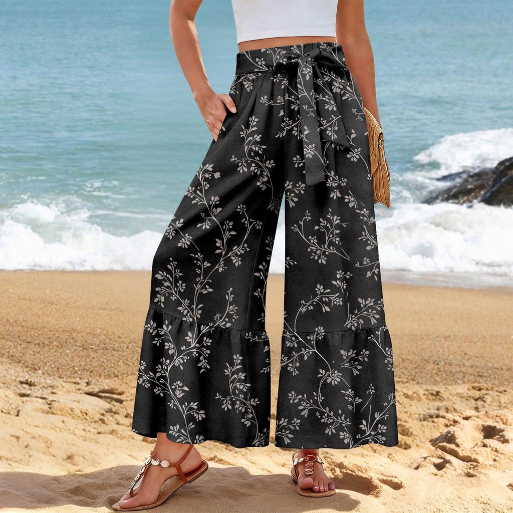 Women's Wide-Leg Casual Pants, Stretch, High Waist, Ruffled Hem, Wide Legs, Belted, And Pockets