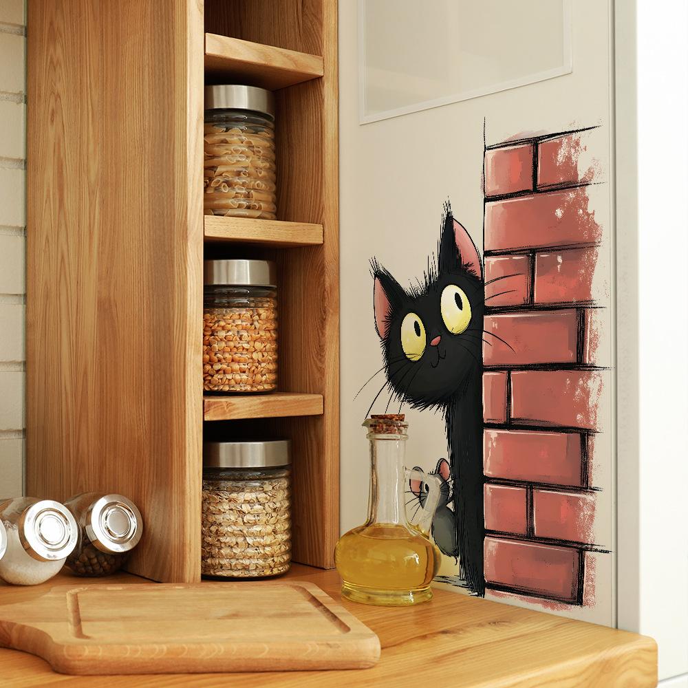Cărămizi Roșii Creative Pisică Neagră Mică Pândind Frigider Decor de Fundal pentru Casă Autocolante de Perete