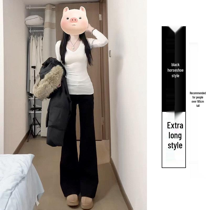 Women s High-Waist Black Velvet Micro-Flare Pants - Slimming Petite Fit for Spring, Autumn, Winter 2025 L