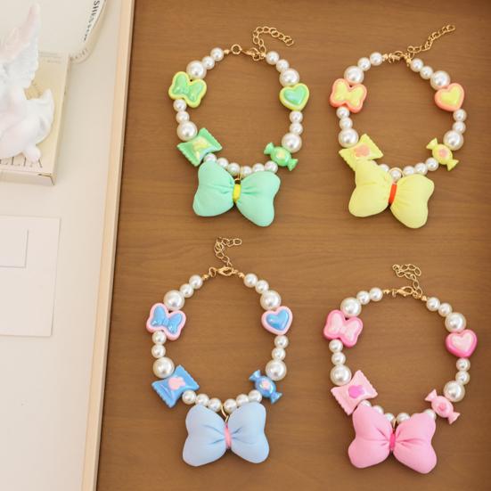 Faux Pearl Pet Collar Adjustable Cat Necklace with Candy Bow Decor for Puppy Kitten Wedding Party Accessories