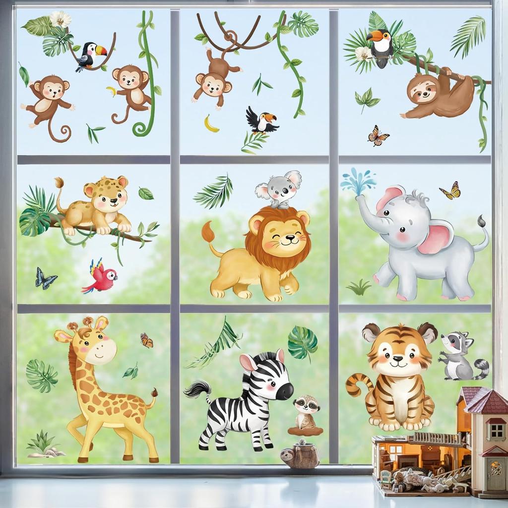 Decalmile Summer Safari Double Sided Jungle Animals Window Clings - Elephant, Monkey, Lion, Giraffe Decals - Anti-Collision Glass Stickers