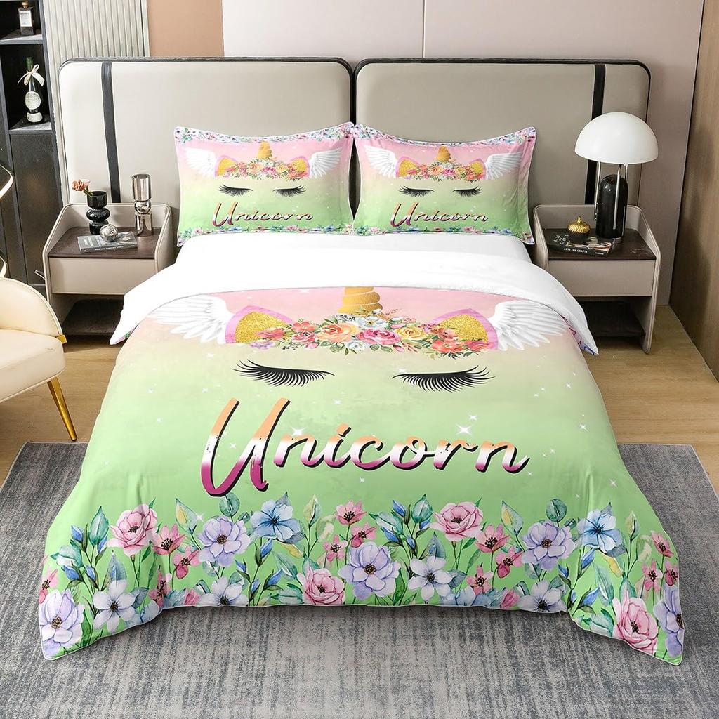 Unicorn Duvet Cover Set Cartoon Galaxy Rainbow Colourful Unicorn Cute Romantic Theme For Kids Girls Polyester Comforter Cover