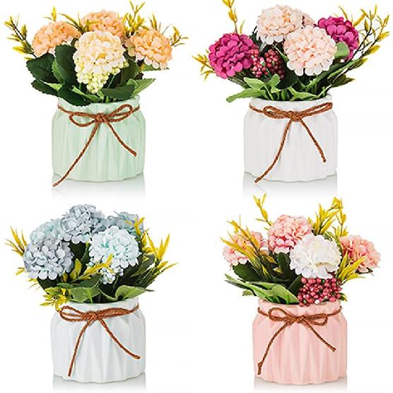 BLOSMON Small Artificial Flowers in Vase 4 Pcs Fake Flowers Centerpieces for Dinning Table Floral Arrangements with Vases Bathroom Accessories Office