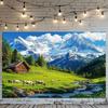 1pc Alps tranquil photography backdrop with mountain hut and green meadow for weddings, events and parties