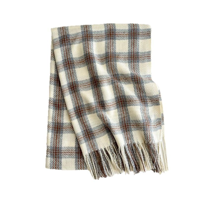 Autumn and Winter Gentle High-end Plaid Scarf Girls Dry Rose Pink Scarf Imitation Cashmere Fringed Scarf