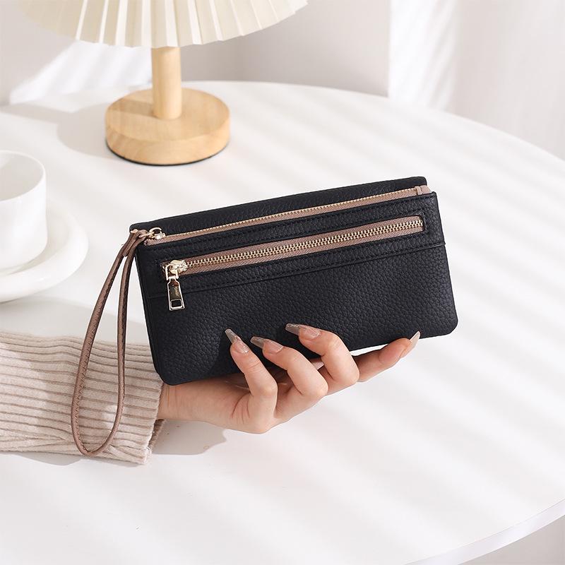 Women's Large Capacity Frosted Double Zipper Long Wallet & Clutch