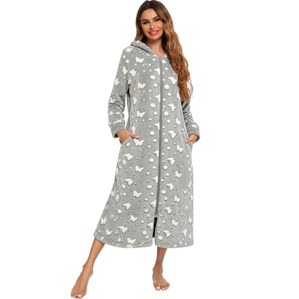 Women's Zip Up Plush Fleece Robe Hooded Warm Long Bathrobe Dressing Gown Winter Cozy Zipper Lounger Sleepwear Housecoat Loungewear Nightgown
