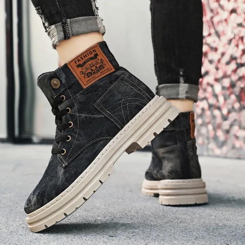 Módní jarní pánské boty s vysokým svrškem 2025 Módní plátěné tenisky nadměrné velikosti Všestranné ležérní boty pro muže Nové britské stylové pracovní boty