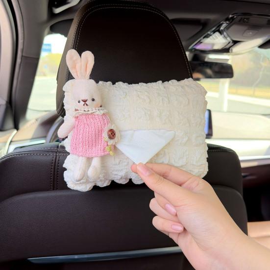 Cute Car Tissue Box Holder Soft Plush Rabbit Hanging Paper Dispenser Universal Auto Seat Back Organizer for Home Car Office