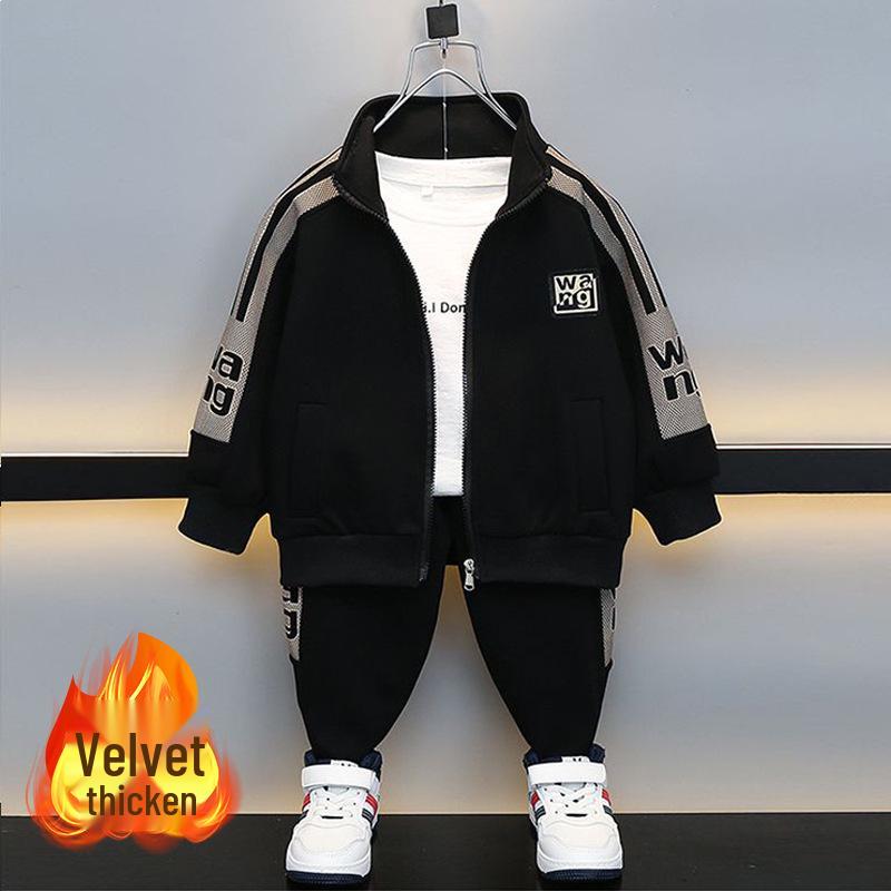 Boys' Plush Cardigan & Sweatpants Set: Stylish Autumn/Winter Sportswear