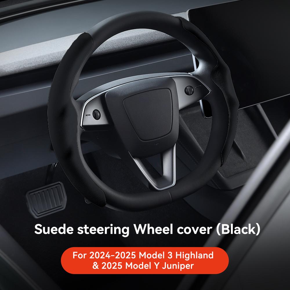 YZ For Tesla Model 3 Y Highland Juniper 2025 Suede velvet Car Steering Wheel Cover DIY carbon fiber texture Sport Steering Wheel