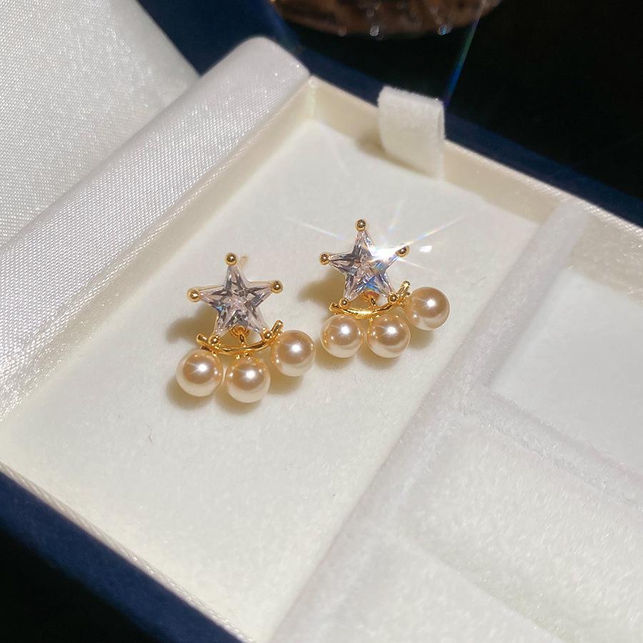 Real gold electroplated zircon star pearl stud earrings retro elegant earrings earrings women