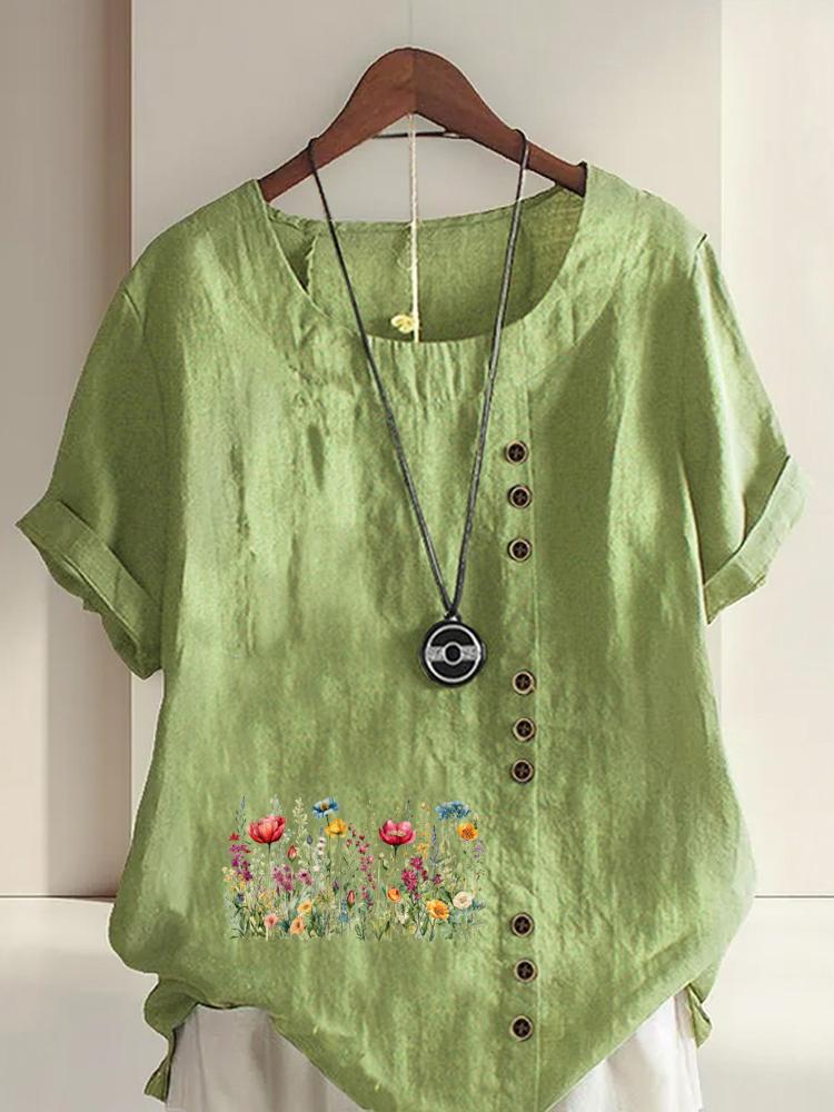 Women's Fashion Flower Bed Print Round Neck Short Sleeve T-shirt Casual Cotton Linen Graphic Shirt Leisure Loose Summer Blouse Tops
