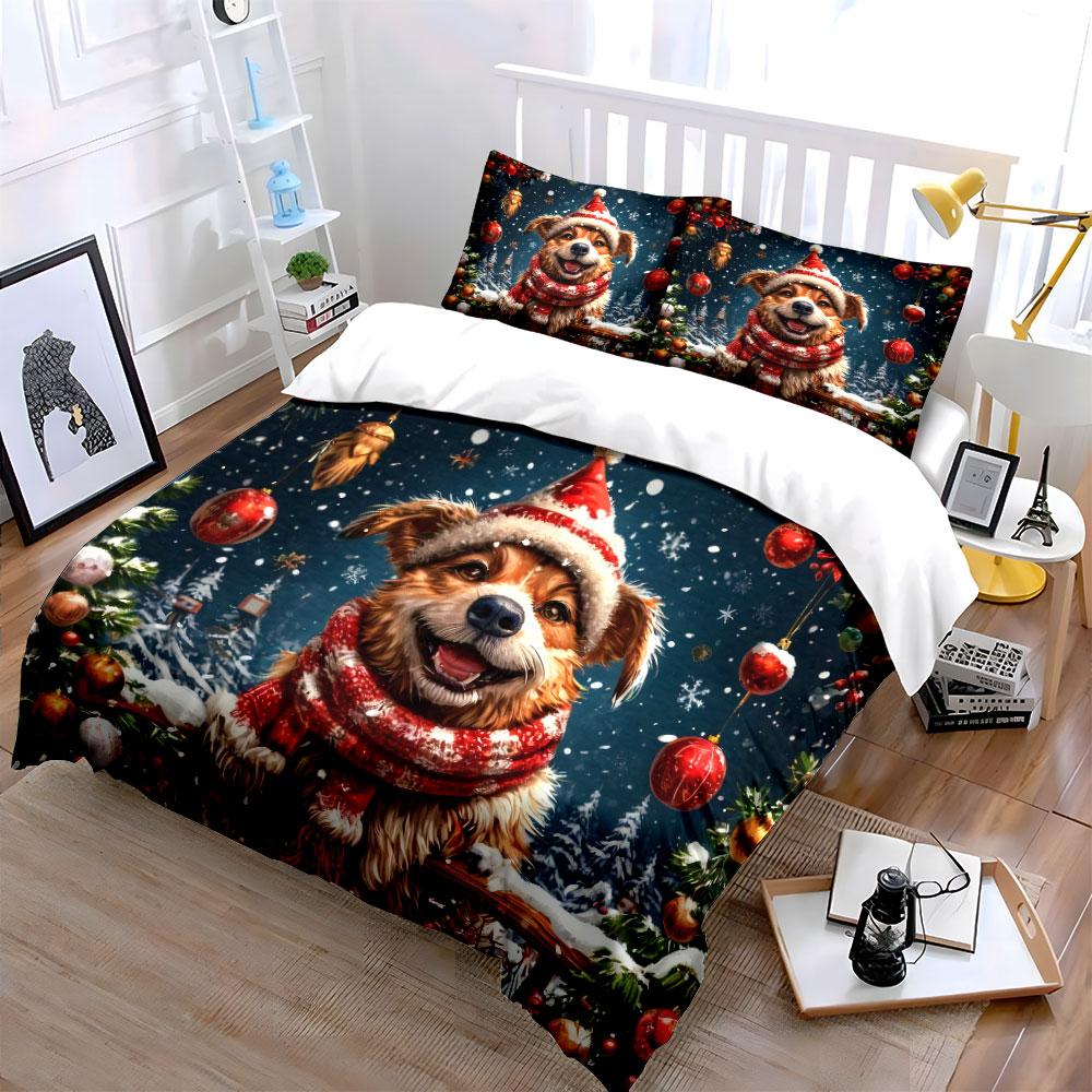 Festive Christmas Dog Outfit Set Kid'S And Adults' Bedroom Decor, Exquisite Three-Piece Bedding Set Gift