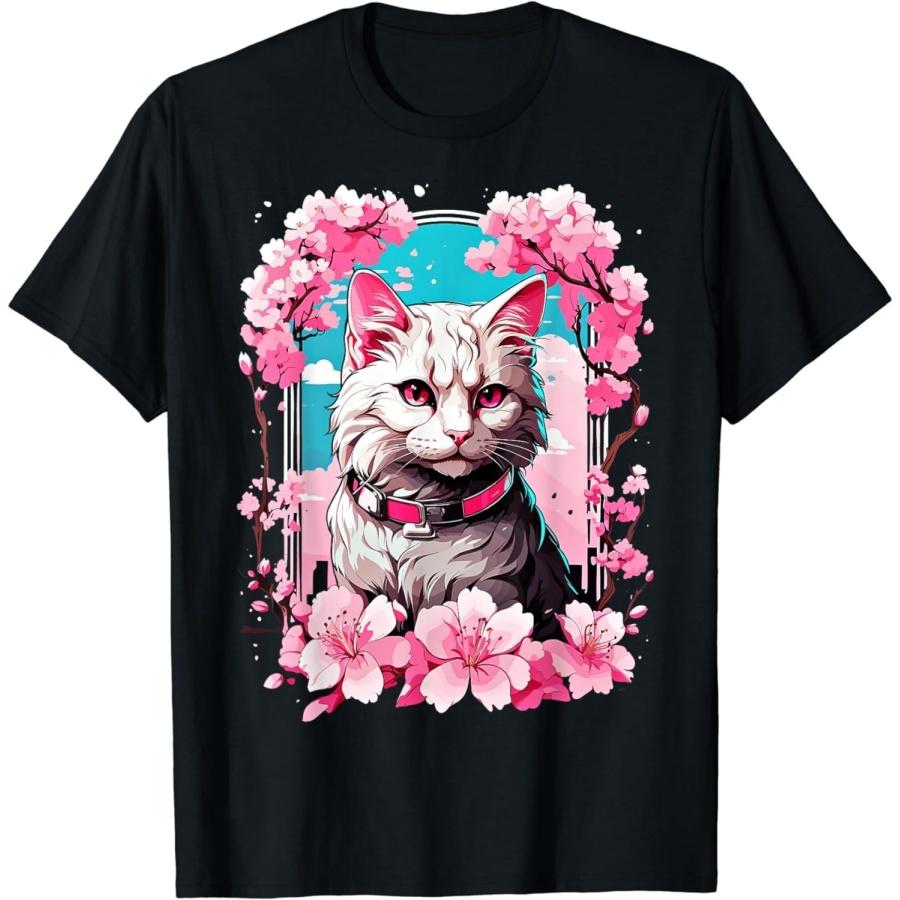

SHAAMOU Anime Cat Japanese Aesthetic Cherry Blossom Japan T-Shirt (Black, XX-Large) XXXXXL різнокольоровий