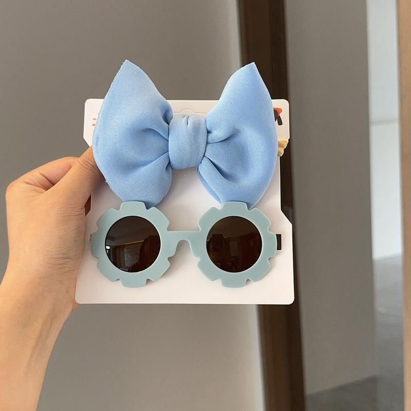 New Children Solid Color Cotton Bowknot Wide Hairband Round Sunglasses Set Baby Girls Sunglasses Kids Hair Accessories