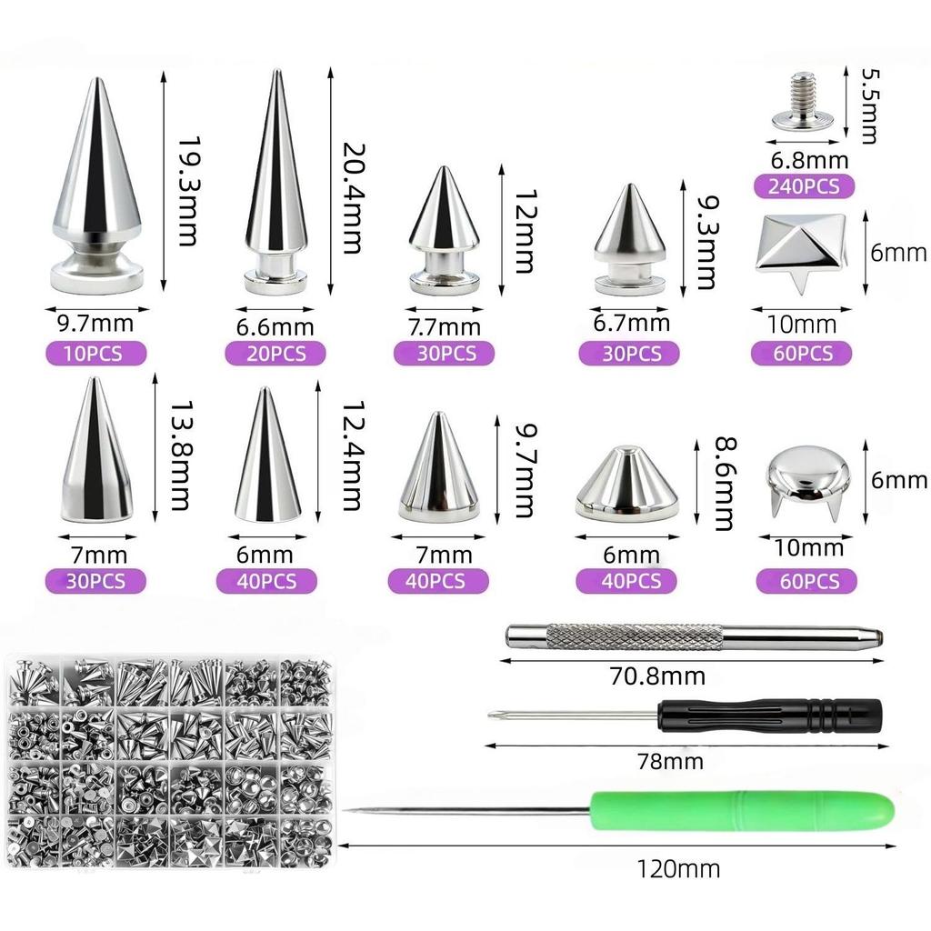 600pcs Punk Style Leather DIY Tool Set: 10 Sizes of Pointed Conical Rivet Studs