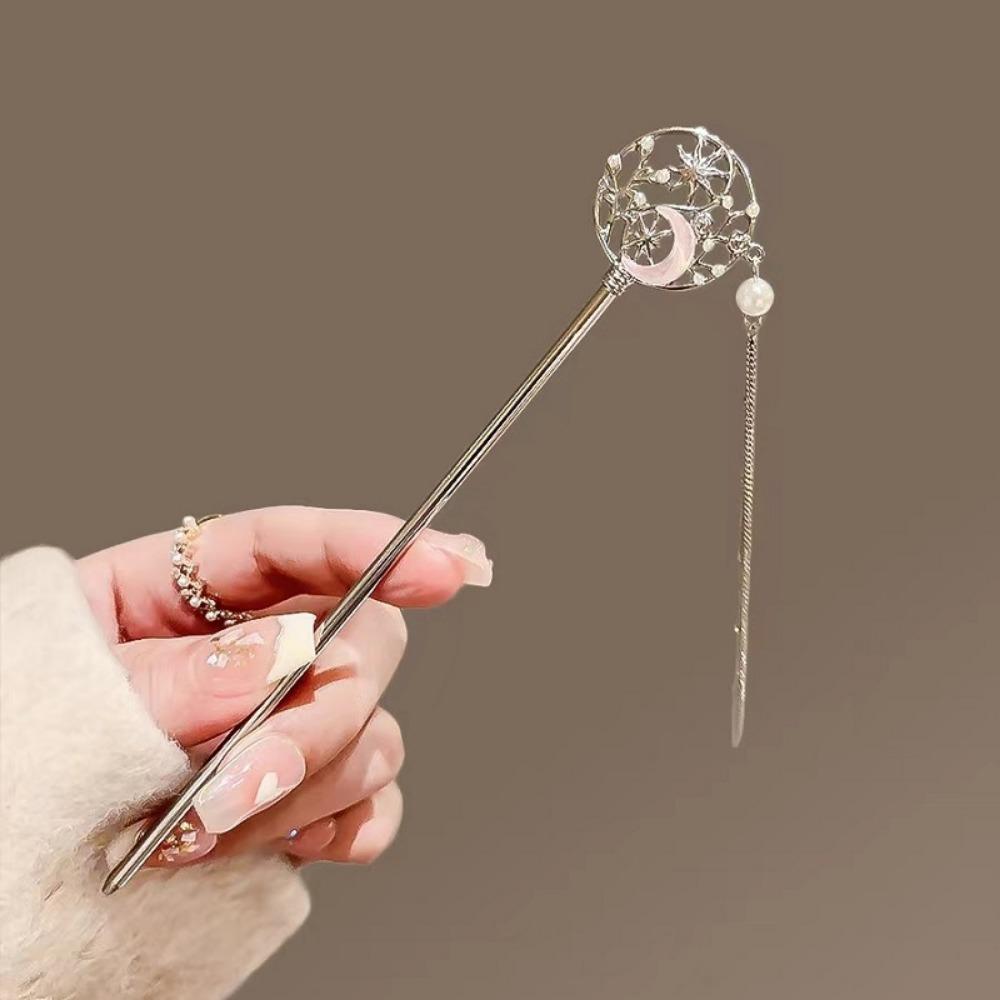

1pc Exquisite Fashion Imperial Moon Fan Hairpin Set Vintage Crescent Tassel Comb for Hanfu Qipao Metallic Braided Hair Jewelry