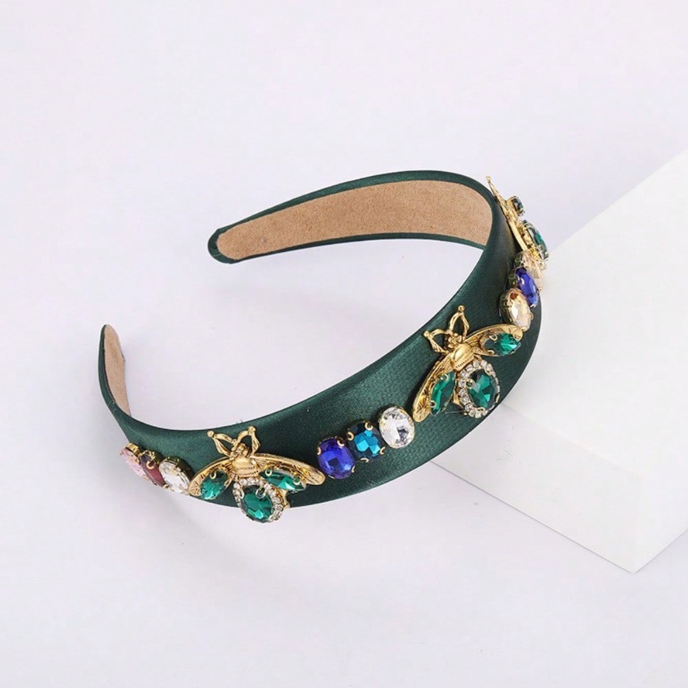 Color Crystal Bee Headband Fabric Wide Edge Headband Retro Rhinestone Hair Accessories
