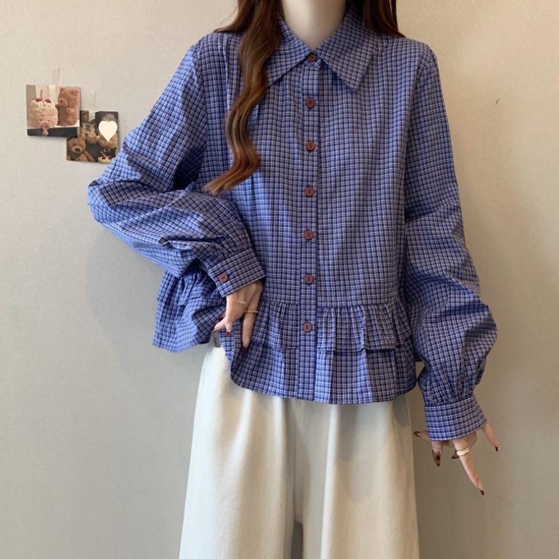 Blue Plaid Shirt Women s Clothing Early Spring and Autumn New Loose and Thin Sweet Doll Shirt S