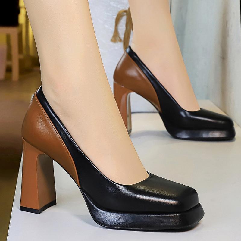 Fashion Color block Platform Pumps Women high heels shoes 9 cm Square head Women Heels Sexy party shoes thick with high-heeled shoes