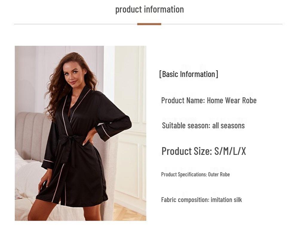 Women's Pure Black Faux Silk Bathrobe and Pajama Set with Turn-Down Collar