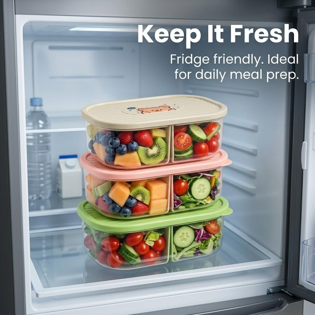 Cute Plastic Divided Lunch Box For Kids Students Portable Sealed Detachable 3 Grids Fruit Salad Food Container Microwave Safe
