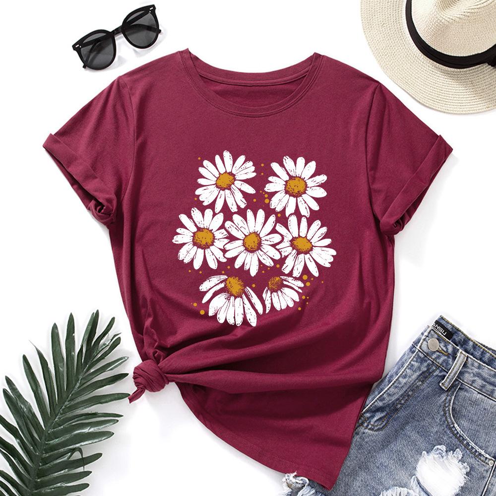 Casual Flowers Cotton T-Shirt Short Sleeve Round Neck Women 2d Print Tops