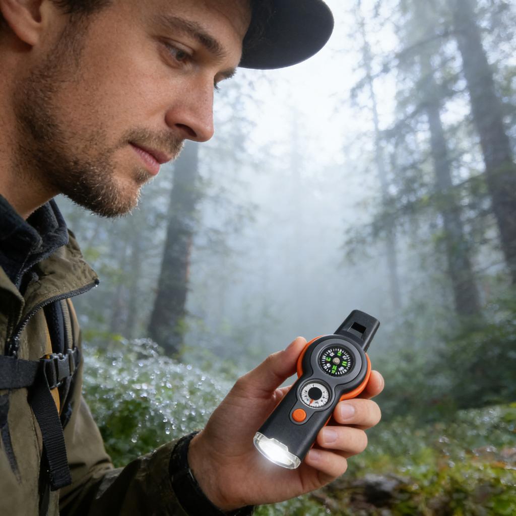 Multifunktionspfeife mit Kompass und LED-Taschenlampe, Tragbares Sicherheitswerkzeug mit Lanyard für Camping, Wandern & Notfallausrüstungen, Alles-in-Einem