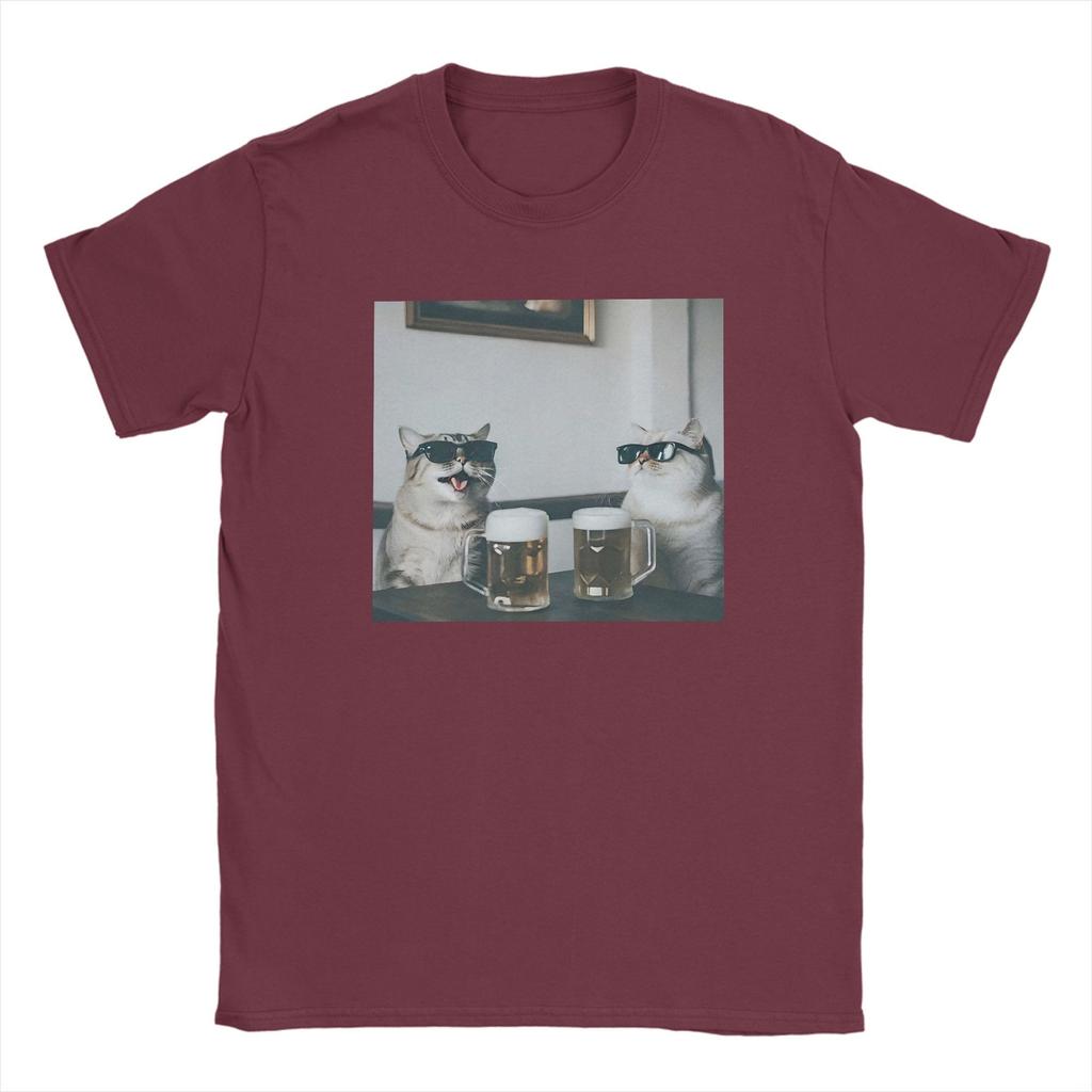 Funny Cool Cat Drinking Beer T Shirt Men Pure Cotton Hipster T-Shirt Round Collar Tees Short Sleeve Clothes Plus Size