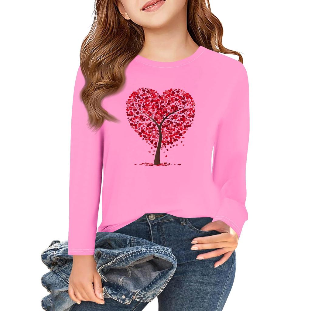 Långärmade T-shirts för flickor med kärlek och alla hjärtans dag-motiv, hösttoppar, rund hals, enkla T-shirts för barn, 5-14 år