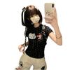 Design Sense Polka Dot Cartoon Cat Print Front Shoulder Short Sleeve T-Shirt Women's Summer New Slim Skinny Good-looking Top