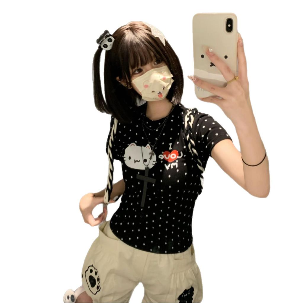 Design Sense Polka Dot Cartoon Cat Print Front Shoulder Short Sleeve T-Shirt Women's Summer New Slim Skinny Good-looking Top