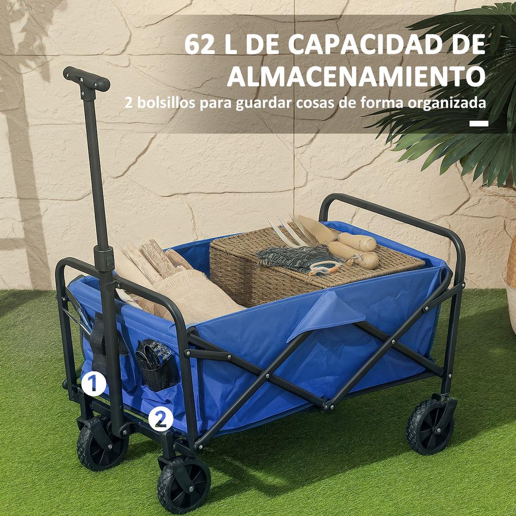 Folding Garden Cart with Wheels Adjustable Telescopic Handle 100 Kg Load for Camping Shopping 64x42x27 Cm Blue