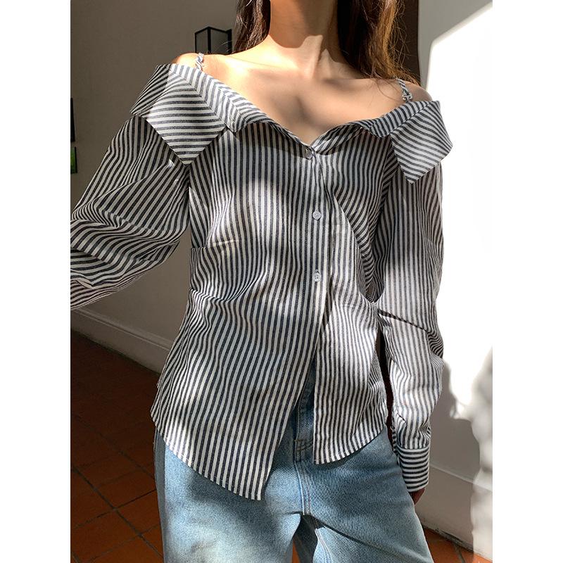NEWOPEN 2025 Early Spring French Fashion Pure One-Shoulder Striped Women's Shirt C3270
